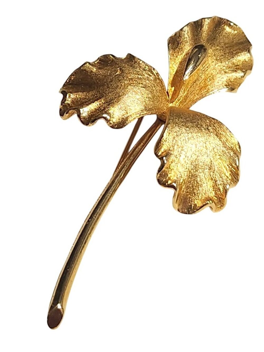 Vintage PIM Gold-Tone Textured Floral Brooch Pin Three Petal Design 3.25 Inches